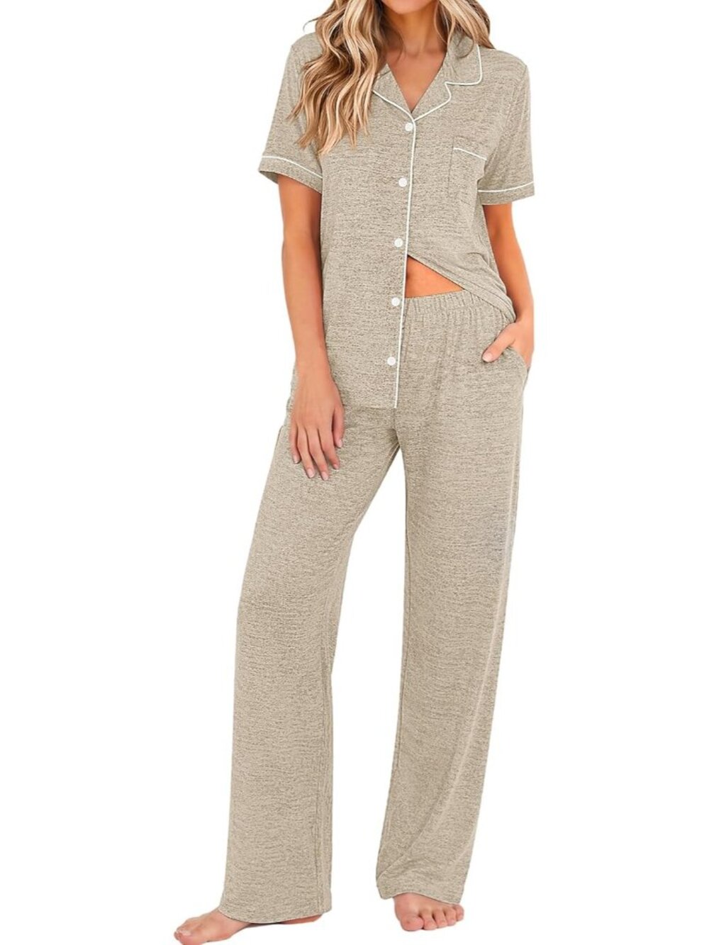 Women's Khaki Short Sleeve Long Pant Sleepwear 2 Piece Pajama Set